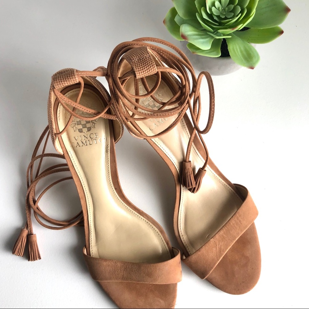 Suede Vince Camuto tie up heels/sandals tan/camel